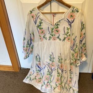 White Floral Embroidered Peasant Tunic with Pink Accents